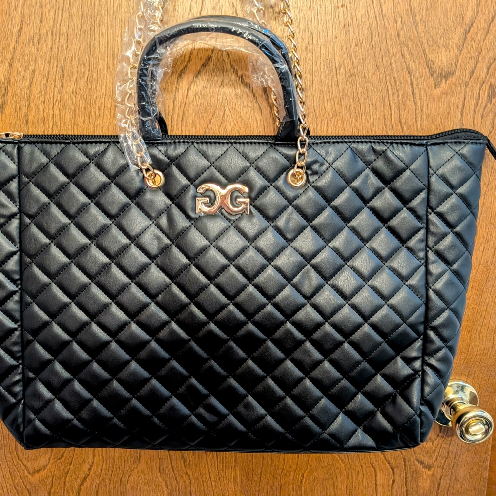 Chic Black Quilted Tote Bag with Gold Accents